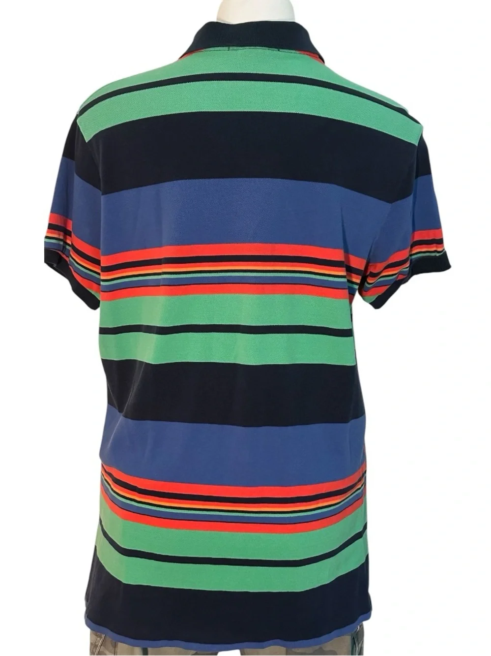Polo Ralph Lauren Navy, Green & Blue Striped Polo with Red Accent (L).